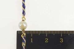 18K Yellow Gold Pearl Blue Enamel Twist Bar Statement Bracelet