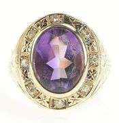 14K Yellow Gold Art Deco Amethyst Diamond Halo Etched Ring