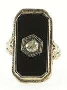 14K White Gold Art Deco Black Onyx Diamond Filigree Ring