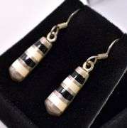 Sterling Silver Pearl and Onyx Inlay Dangle Earrings