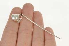 14K White Gold Victorian Pearl Diamond Accent Statement Stick Pin