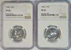 1950 & 1953 Superb Gem Proof Washington Quarters. NGC PF66 & 67