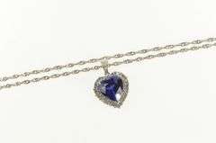 10K White Gold Heart Syn. Sapphire Diamond Halo Chain Necklace