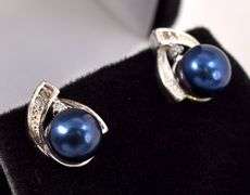 Sterling Silver Blue Pearl and CZ Gem Stud Earrings