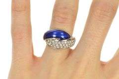 14K White Gold 0.85 Ctw Pave Diamond Blue Enamel Statement Ring