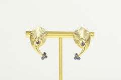 14K Yellow Gold 1960's Sapphire Ornate Grooved Swirl Drop Earrings