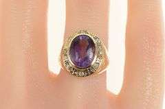 14K Yellow Gold Art Deco Amethyst Diamond Halo Etched Ring