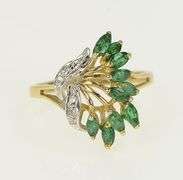 10K Yellow Gold Marquise Emerald Diamond Cluster Ring