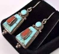 Sterling Silver Turquoise and Coral Dangle Earrings