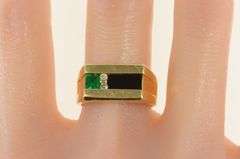 14K Yellow Gold Syn. Emerald Diamond Black Onyx Squared Ring