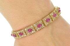 14K Yellow Gold 13.80 Ctw Ruby Cabochon Diamond Halo Tennis Bracelet