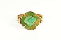 14K Yellow Gold Retro Ornate Raw Emerald Floral Motif Statement Ring