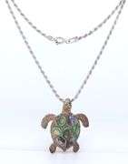 Vintage 925 Sterling Silver Abalone Turtle Pendant on Italian Chain Necklace