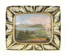 14K Yellow Gold Victorian Mount Valley Hand Painted Enamel Pin/Brooch