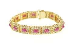 14K Yellow Gold 13.80 Ctw Ruby Cabochon Diamond Halo Tennis Bracelet