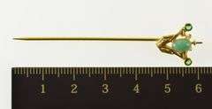 14K Yellow Gold Art Deco Turquoise Syn. Emerald Ornate Stick Pin