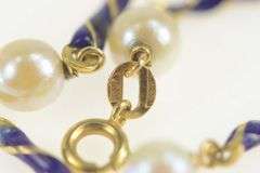 18K Yellow Gold Pearl Blue Enamel Twist Bar Statement Bracelet