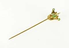 14K Yellow Gold Art Deco Turquoise Syn. Emerald Ornate Stick Pin