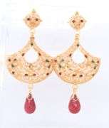 Remarkable 21kt Red and Green Enamel Pendant on Chain with Matching Dangle Earrings