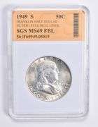 MS69 FBL 1949-S Franklin Silver Half Dollar Full Bell Lines SGS