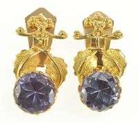 14K Yellow Gold Victorian Amethyst Leaf Dangle Clip Back Earrings