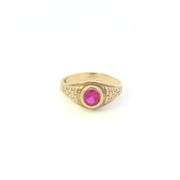 10K Yellow Gold Vintage Round Syn. Ruby Brick Pattern Ring