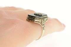 14K White Gold Art Deco Black Onyx Diamond Filigree Ring