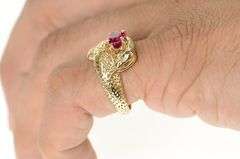 10K Yellow Gold 1930's Coiled Serpent Snake Syn. Ruby Men's Ring