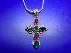 GORGEOUS 8.47 CT SAPPHIRE CROSS PENDANT WITH EMERALD AND RUBY ACCENT STONES