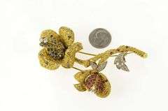18K Yellow Gold 1960's Pave Sapphire Ruby Diamond Flower Pin/Brooch