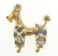 14K Yellow Gold 1960's Pearl Sapphire French Poodle Dog Pin/Brooch