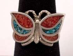 Sterling Silver Turquoise and Coral Butterfly Ring