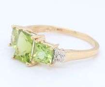 Stunning Yellow Gold 3 Princess Cut Peridot Ring