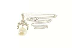 14K White Gold Victorian Pearl Ornate Diamond Statement Necklace