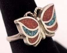 Sterling Silver Turquoise and Coral Butterfly Ring