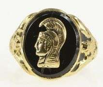 10K Yellow Gold Black Onyx Trojan Soldier Overlay Statement Ring