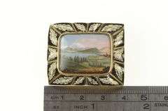 14K Yellow Gold Victorian Mount Valley Hand Painted Enamel Pin/Brooch