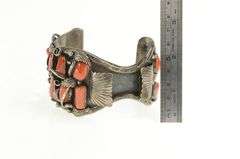 Sterling Silver Navajo Coral Jerry Wilma Begay Watch Cuff Bracelet