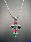 GORGEOUS 8.47 CT SAPPHIRE CROSS PENDANT WITH EMERALD AND RUBY ACCENT STONES