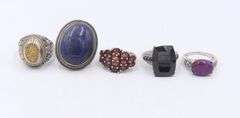 Group Lot of 5 Vintage 925 Sterling Silver Gemstone Rings