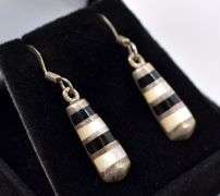 Sterling Silver Pearl and Onyx Inlay Dangle Earrings