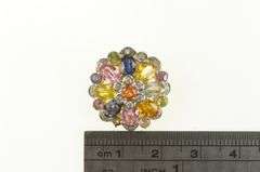 14K Yellow Gold Round Natural Sapphire Diamond Flower Cluster Pendant