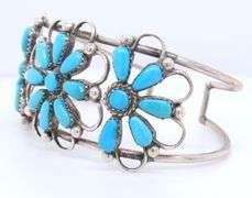 Vintage 925 Sterling Silver Signed Turquoise Flower Style Cuff Bangle
