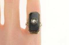 14K White Gold Art Deco Black Onyx Diamond Filigree Ring