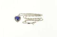 10K White Gold Heart Syn. Sapphire Diamond Halo Chain Necklace