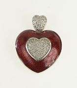 14K White Gold Red Enamel Pave Diamond Heart Pendant