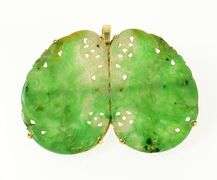 14K Yellow Gold Victorian Carved Floral Swirl Wing Jade Pendant