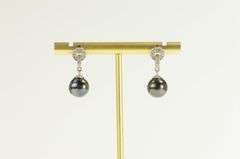14K White Gold 5.6mm Round Black Pearl Diamond Dangle Earrings