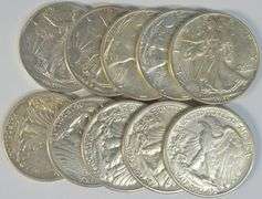 10 Assorted Choice AU+ Walking Liberty Half Dollars from 1940's