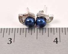 Sterling Silver Blue Pearl and CZ Gem Stud Earrings
